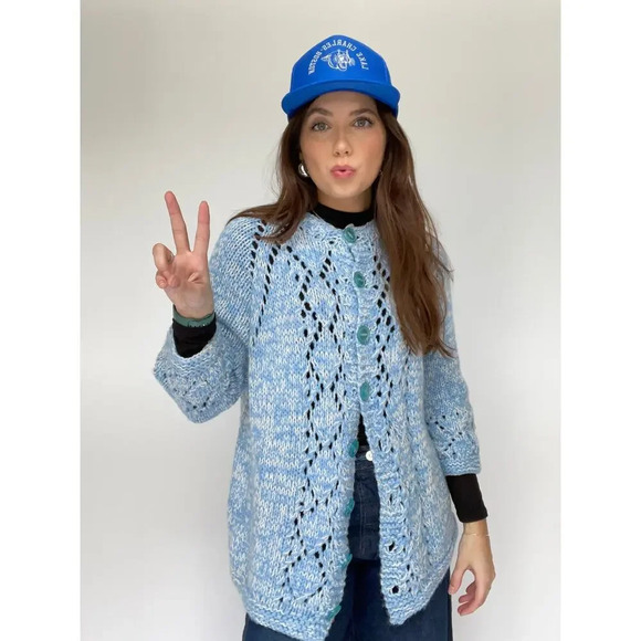 Blue and White Hand Knit Cardigan - Size Large - Picture 7 of 10